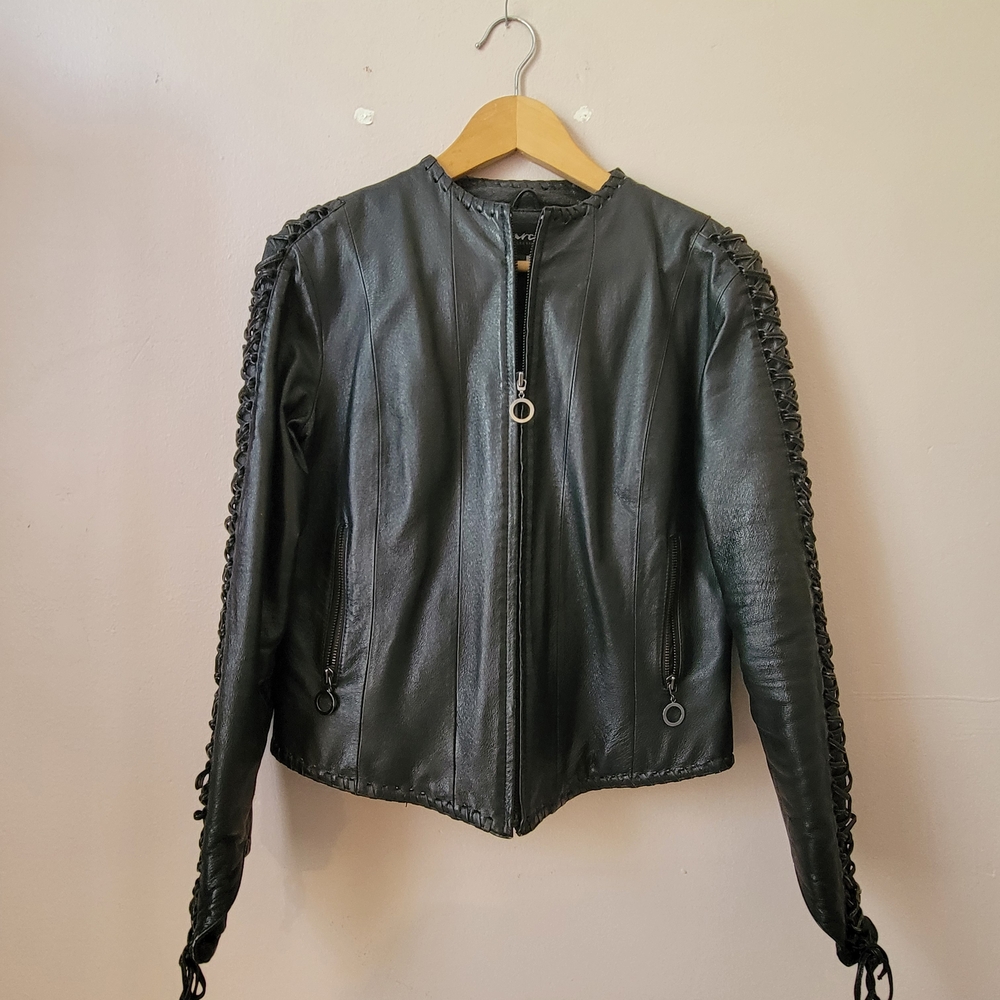 Elegant Black Leather Jacket with Lace Details